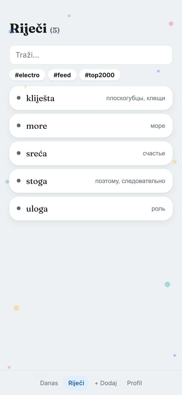 Rječniček — Список слів